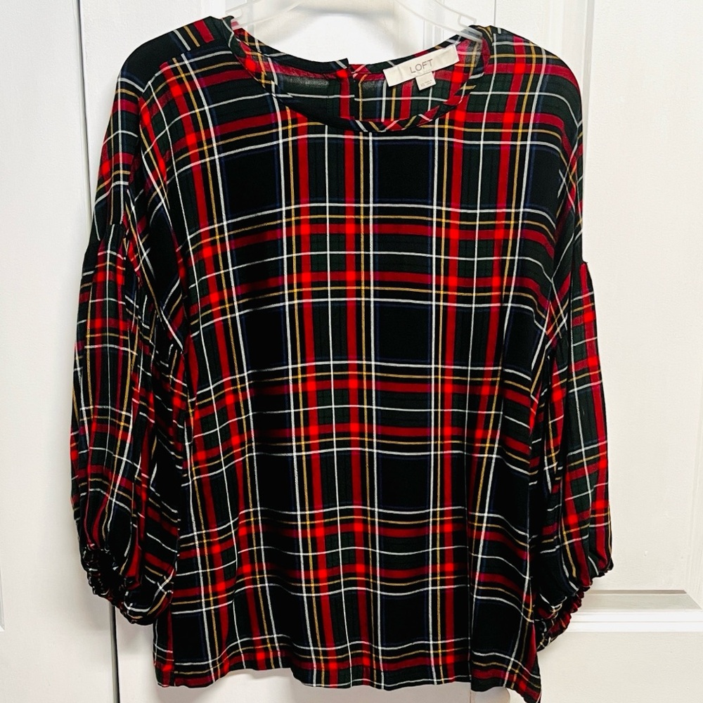 LOFT Black Red and White Plaid Blouse Mid Sleeve Size XS